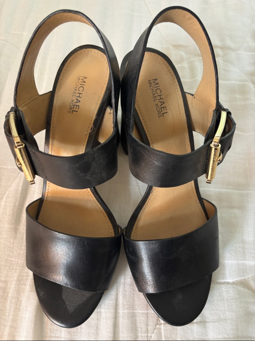 Michael Kors Black Leather Gold-Buckle Slingback Sandals